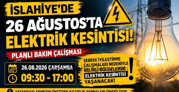 İslahiye’de 26 Ağustos’ta Planlı Elektrik Kesintisi