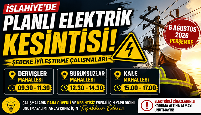 İslahiye’de Bugün Planlı Elektrik Kesintisi: Üç Mahallede Bakım Çalışması Yapılacak