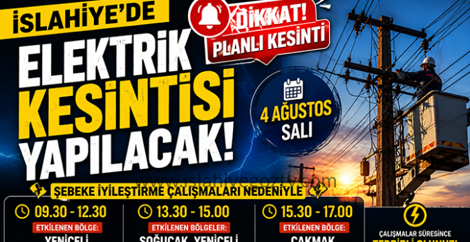 İslahiye’de 4 Ağustos’ta Planlı Elektrik Kesintisi Uygulanacak