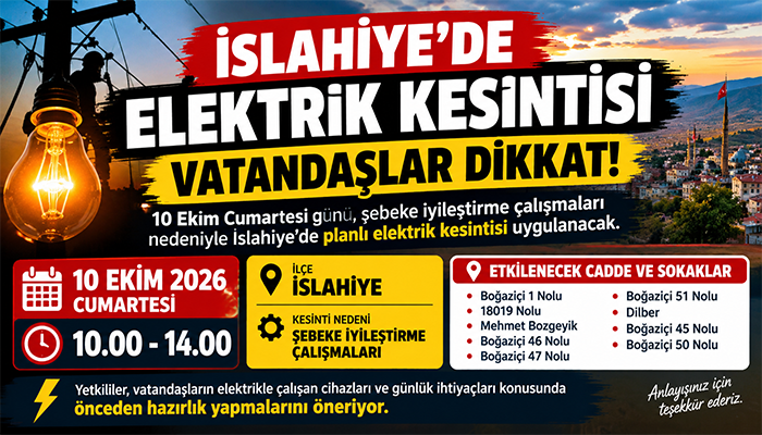 İslahiye’de 10 Ekim Cumartesi Elektrik Kesintisi: Bu Mahallelere Dikkat!